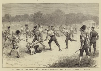 Das Lacrosse-Spiel, Nahkampf zwischen Kanadiern und Irokesen-Indianern in Belfast